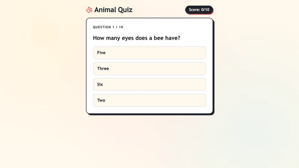 Animal Quiz, an animal quiz made with HeyOtto. Question 1 asks how many eyes a bee has, with the choices Five, Three, Six, and Two.