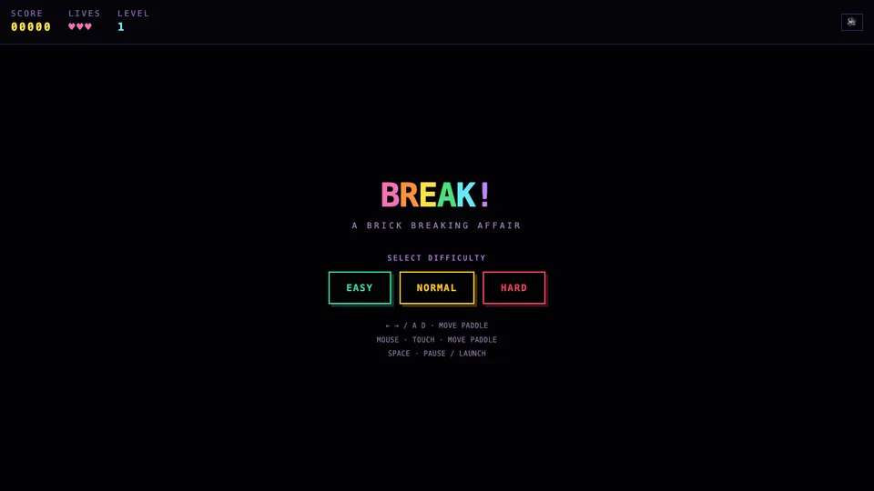 Breakout / Brick Breaker Game, a brick-breaker arcade game made with HeyOtto. The title screen shows a start prompt and offers Easy, Normal, and Hard.