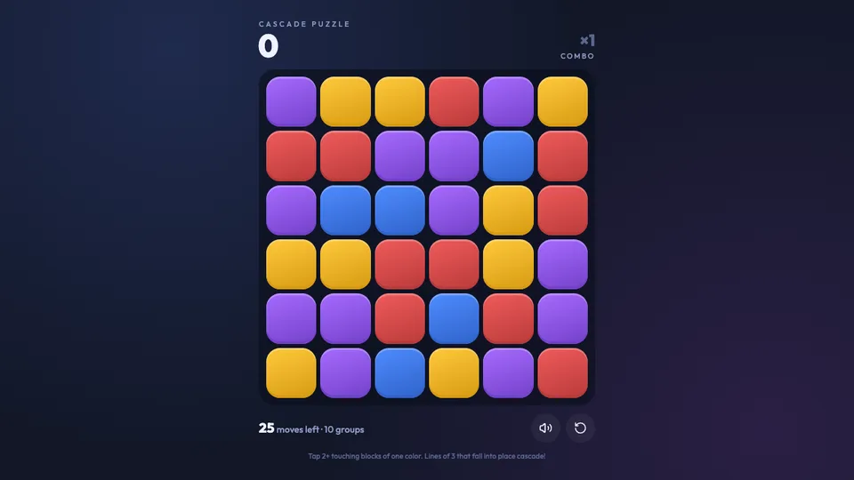 Cascade Puzzle, a match-and-cascade puzzle made with HeyOtto, where you clear blocks to score points and set off chain reactions.