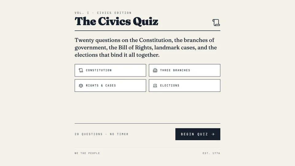 Civics Quiz Game, a civics quiz made with HeyOtto on the US Constitution, branches of government, rights, and elections, with instant feedback and a final score.