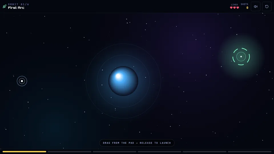 Deep Orbit, an orbital mechanics puzzle made with HeyOtto. A blue planet sits in a star field beside a glowing target, with a prompt to drag from the pad and release to launch.