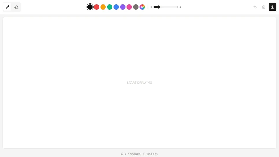 Drawing Whiteboard, a drawing app made with HeyOtto. A blank canvas says Start Drawing, with color dots, a stroke slider, undo, and download.