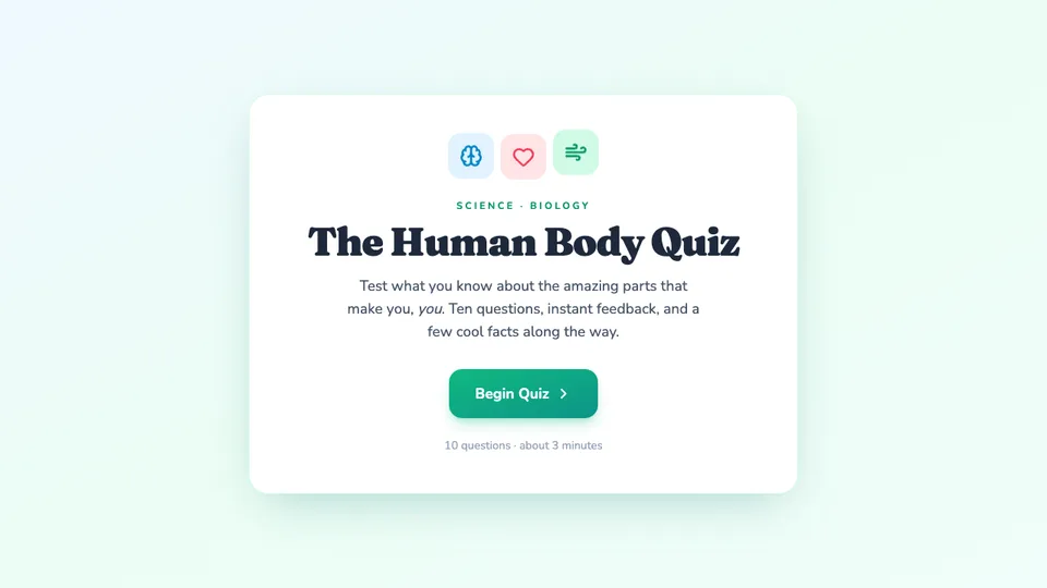 Human Body Parts Quiz, a learning quiz made with HeyOtto on human body parts and what they do, with instant feedback and a score.