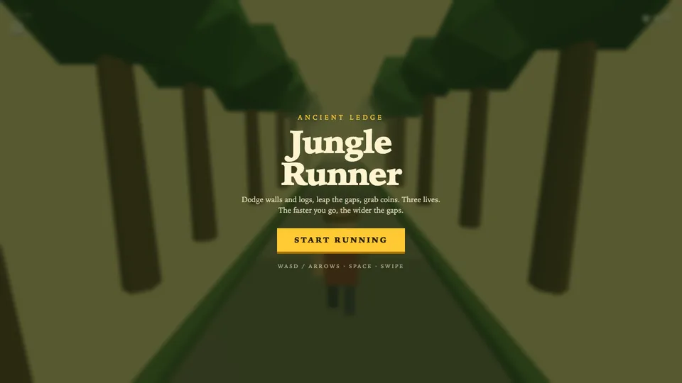 Jungle Runner 3D, a 3D jungle running game made with HeyOtto. A runner stands on a path between blocky trees, with a Start Running button.