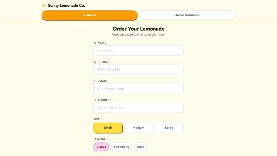 Lemonade Stand Delivery App, a delivery app made with HeyOtto. The Sunny Lemonade Co. order form offers Small, Medium, and Large, plus Classic, Strawberry, and Mint.