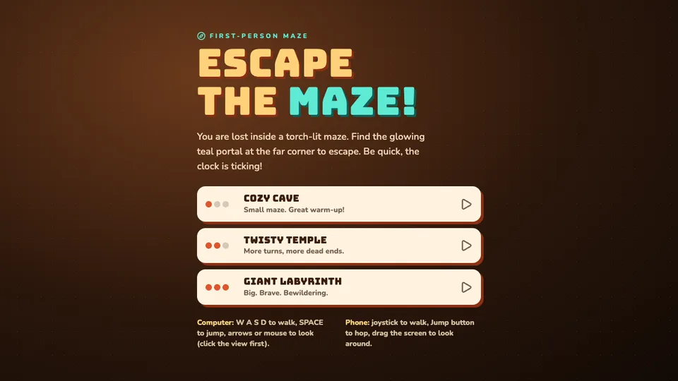 Maze Escape 3D, a first-person maze game made with HeyOtto. The menu says Escape the Maze and offers Cozy Cave, Twisty Temple, and Giant Labyrinth.