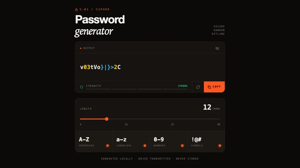 Password Generator, a password tool made with HeyOtto. A generated password is marked Strong, with a length slider and switches for letters, numbers, and symbols.
