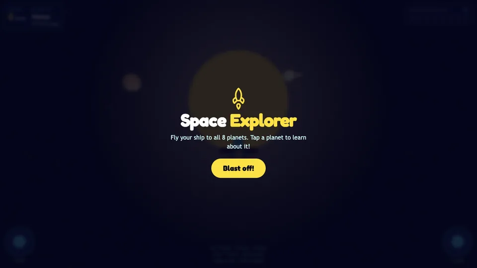 Space Explorer, a solar system learning project made with HeyOtto. A rocket icon sits above a launch prompt, with a note to fly to all 8 planets.