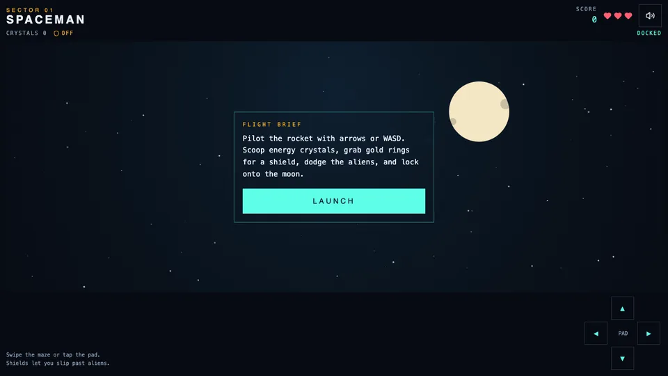 Spaceman, a space maze game made with HeyOtto. The flight brief sits under a moon, with a Launch button, hearts, and a direction pad.