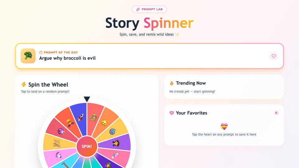 Story Prompt Generator, a creative writing tool made with HeyOtto, with a spin wheel, favorites, a daily prompt, and a way to remix a prompt.