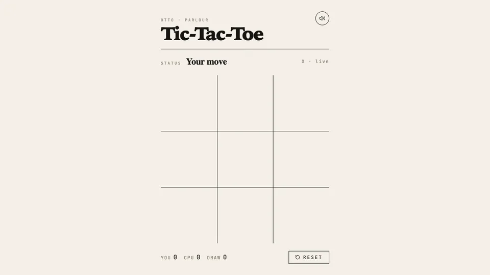 Tic-Tac-Toe Game, a classic tic-tac-toe game made with HeyOtto. An empty board says Your move, with scores for you, the computer, and draws.