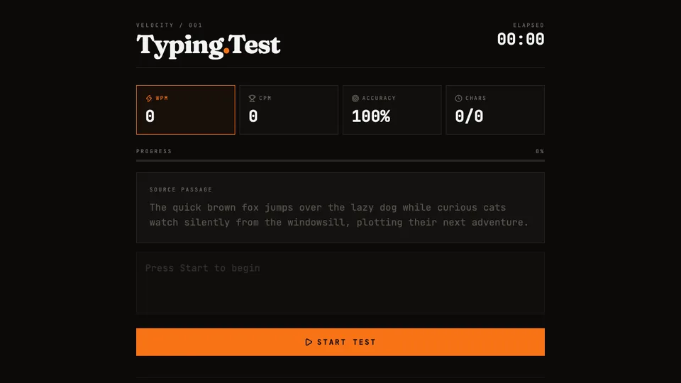 Typing Speed Test, a typing app made with HeyOtto that measures words per minute, accuracy, and characters as you type.