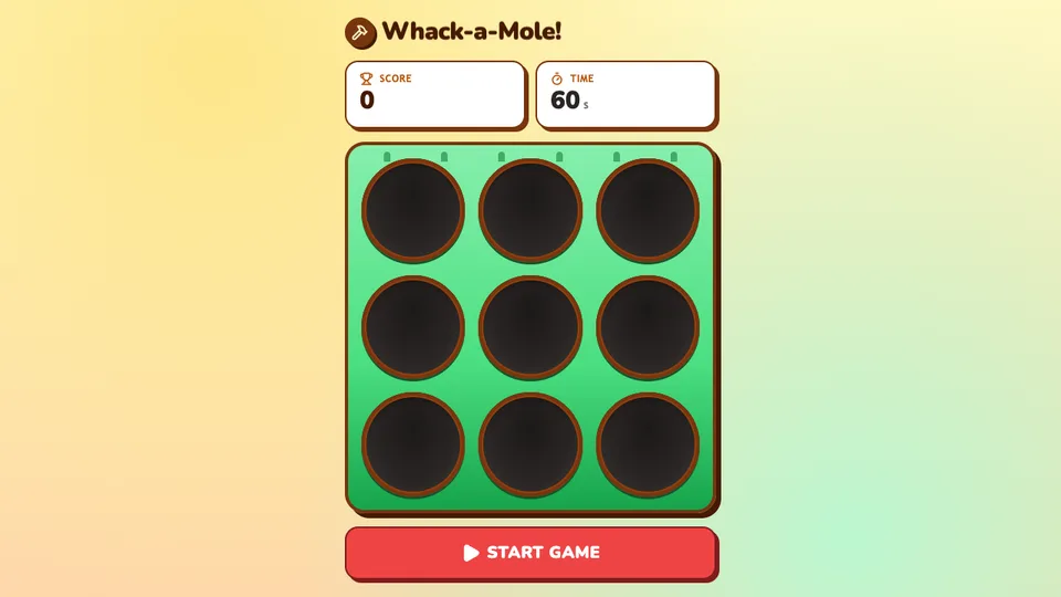 Whack-a-Mole Game, a whack-a-mole game made with HeyOtto, with a 3 by 3 grid, a 60-second timer, and a score.