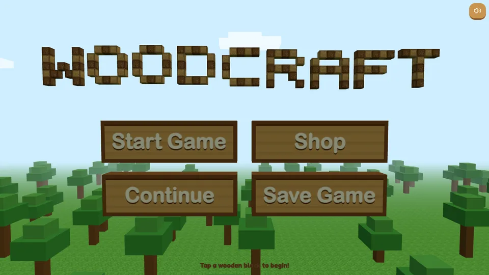 Woodcraft, a block-building forest game made with HeyOtto. The title is built from wooden blocks above Start Game, Shop, Continue, and Save Game.