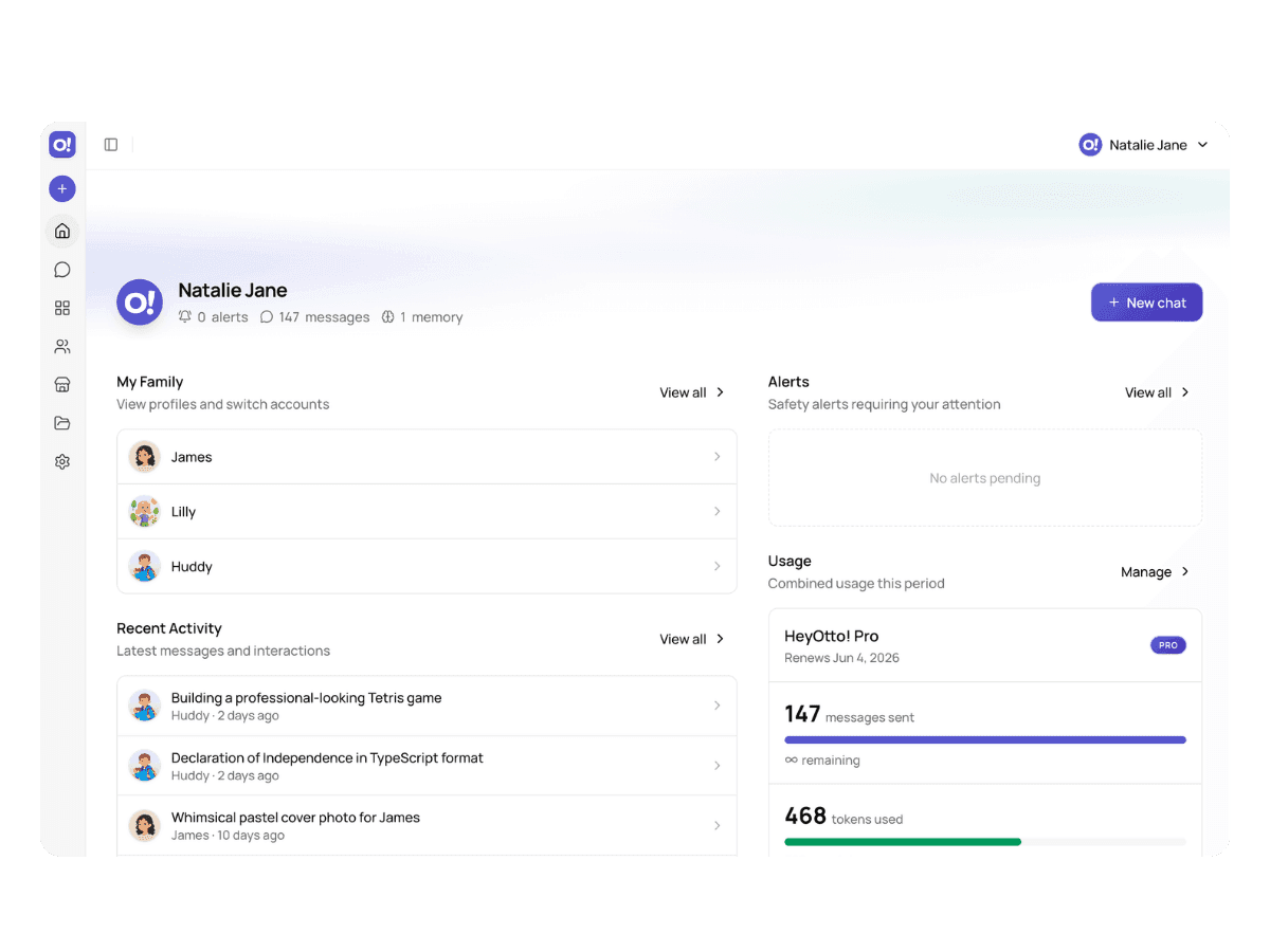 Parent dashboard with family members, recent activity, and alerts