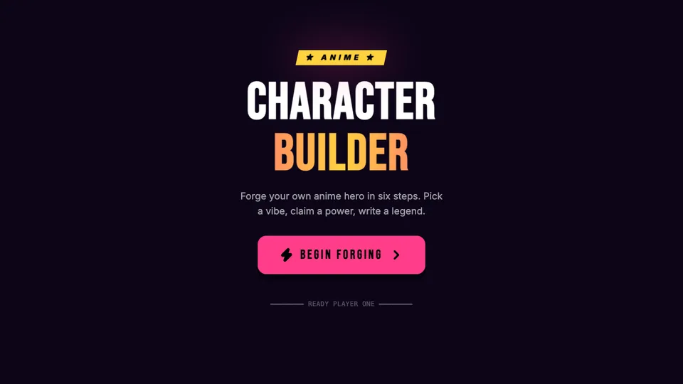 Anime Character Builder, a character-building app made with HeyOtto, where you choose an archetype, powers, and traits, then generate a character card.