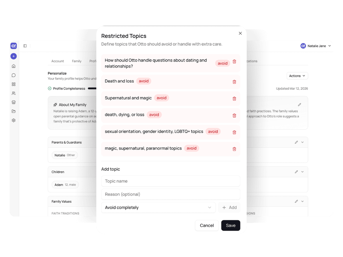 Restricted Topics settings for what Otto should avoid