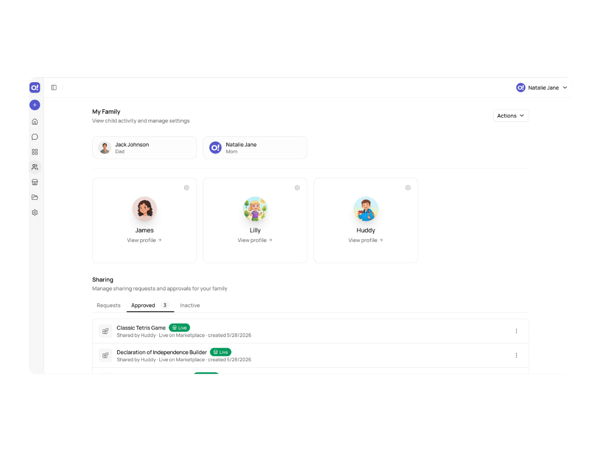 Family dashboard showing kids’ profiles and shared projects